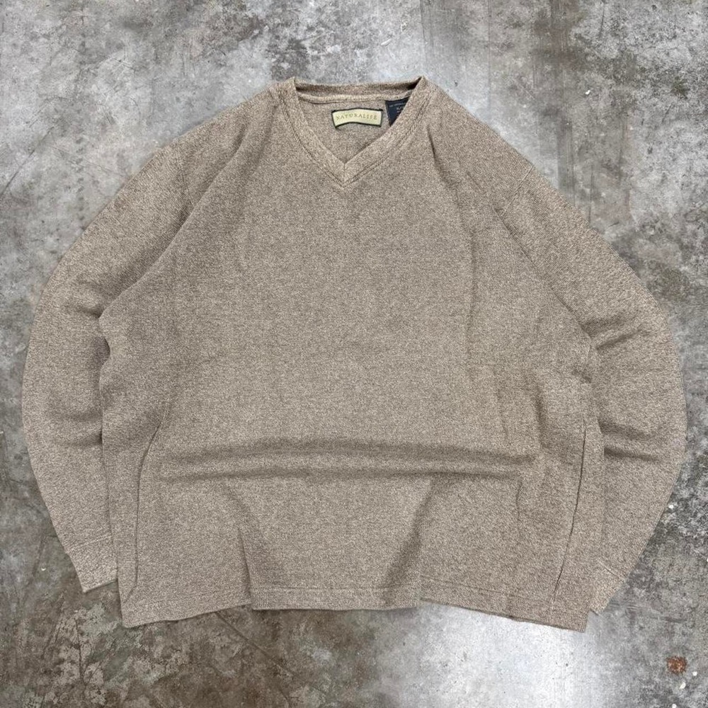 Natural Life Mens Beige Knit V-Neck Pullover Sweater XL Vintage Granola Core